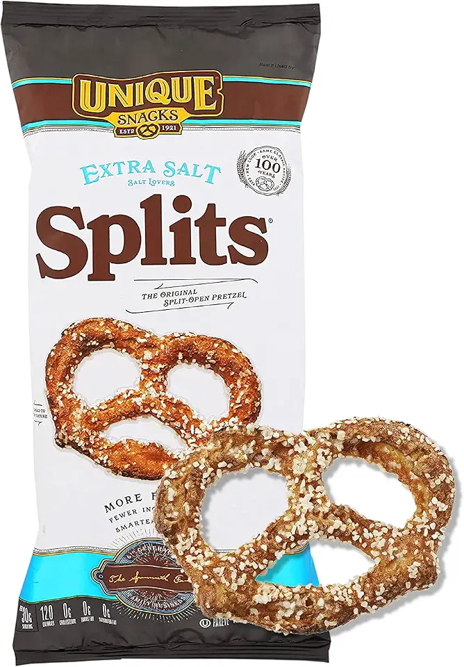 Unique Snacks Extra Salt Splits Pretzels, Original Split-Open Pretzels, Delicious Homestyle Baked Snack Bag, OU Kosher, and Non-GMO Food, No Artificial Flavor, 11 Oz. Bag, Pack of 12