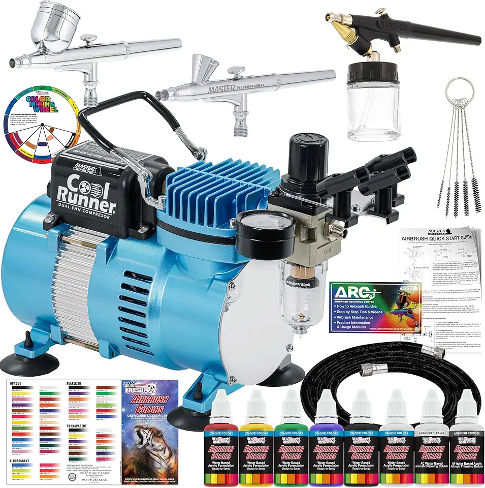 Master Airbrush Cool Runner II Dual Fan Air Compressor Professional Airbrushing System Kit with 3 Airbrushes, Gravity and Siphon Feed - 6 Primary Opaque Colors Acrylic Paint Artist Set - How to Guide