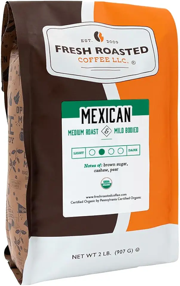 Fresh Roasted Coffee, Organic Mexican, 2 lb (32 oz), Medium Roast, Mold &amp; Mycotoxin Tested, Kosher, Whole Bean