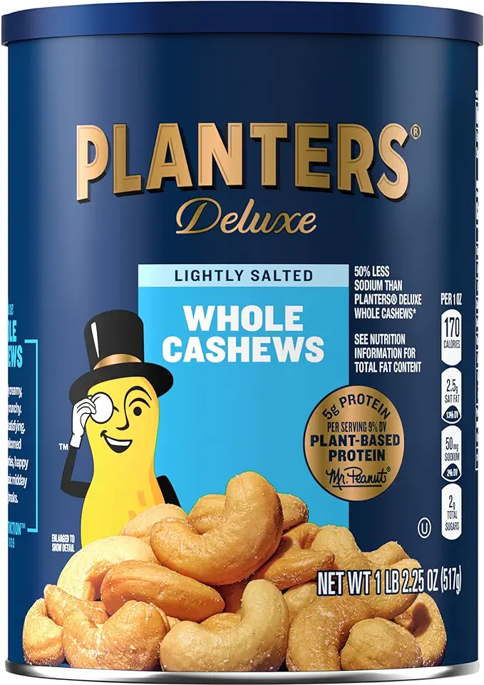 PLANTERS Deluxe Lightly Salted Whole Cashews, Party Snacks, Plant-Based Protein, Quick Snack for Adults, After School Snack, Roasted Cashew, Flavored with Sea Salt, Kosher, 1lb 2.25oz Canister