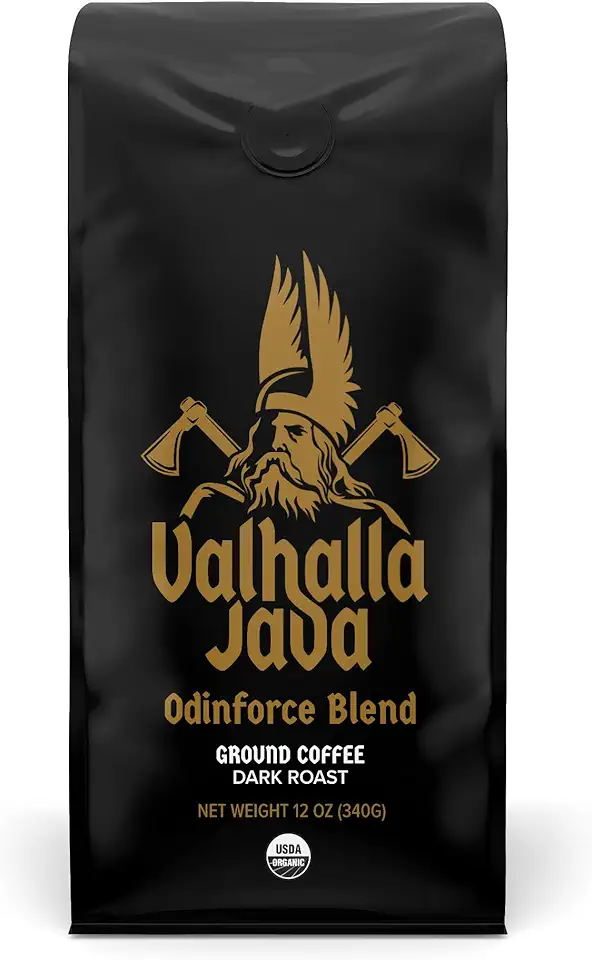 Death Wish Coffee Valhalla Java Dark Roast Ground Coffee, 12 Oz, Bold &amp; Intense Blend of Arabica Robusta Beans, USDA Organic