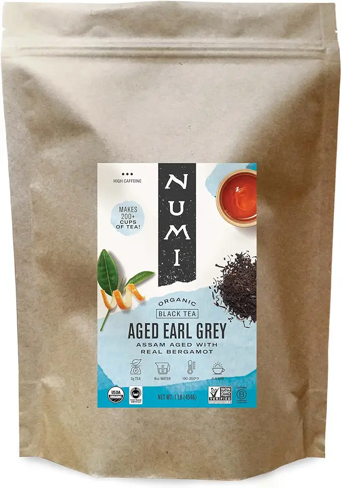 Numi Organic Aged Earl Grey Tea, 16 Ounce Pouch, Loose Leaf Black Tea With Bergamot, Brews 200 Cups (Packaging May Vary)