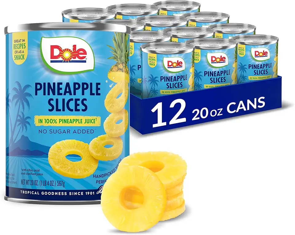 Dole Canned Fruit, Pineapple Slices in 100% Pineapple Juice, Gluten Free, Pantry Staples, 20 Oz, 12 Count, Packaging May Vary