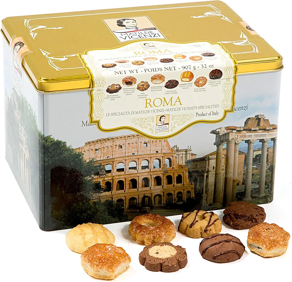 Matilde Vicenzi Roma Cookie Tin - Italian Pastries &amp; Bakery Cookies in Individually Wrapped Trays - Bakery Dessert Gifts - Puff Pastry, Assorted Cookies in Italian Design Gift Tin 32oz (907g)