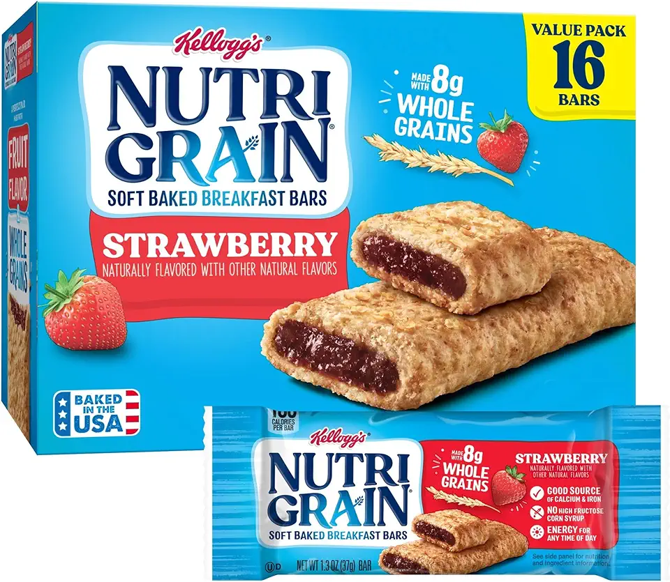 Nutri-Grain Soft Baked Breakfast Bars, Made with Whole Grains, Kids Snacks, Value Pack, Strawberry, 20.8oz Box (16 Bars)