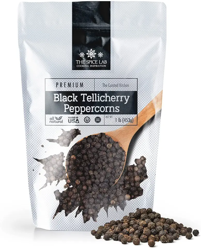 The Spice Lab Black Tellicherry Peppercorns for Grinder Packed in the USA - Steam Sterilized Kosher Non-GMO All Natural Black Pepper 5015 (1 lb Resealable Bag)