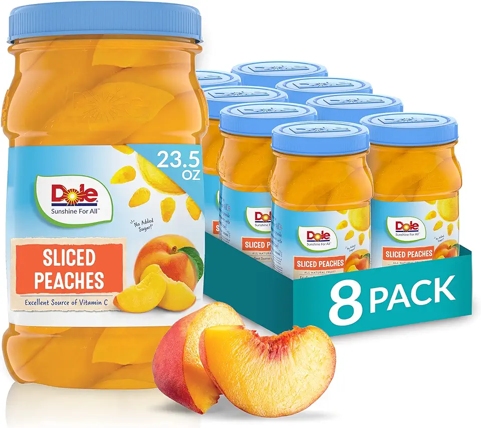 Dole Fruit Jars, Yellow Cling Sliced Peaches in 100% Fruit Juice, Gluten Free, Pantry Staples, 23.5 Oz Resealable Jars, (Pack of 8)