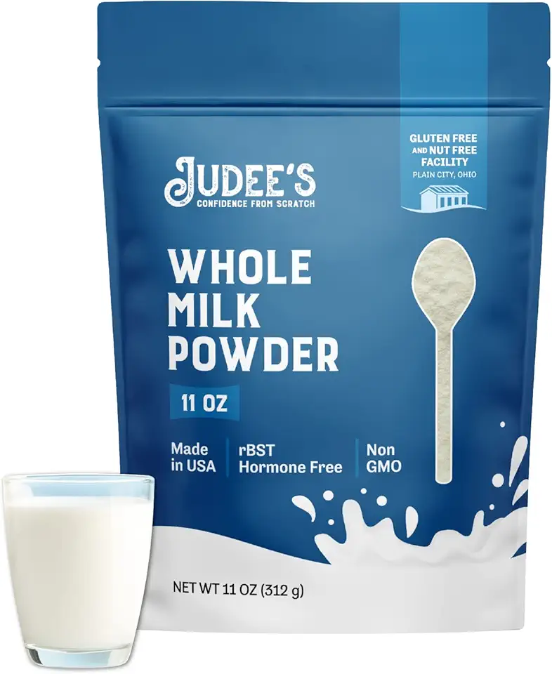 Judee&#x27;s Pure Whole Milk Powder - 100% Non-GMO, rBST Hormone-Free, Gluten-Free and Nut-Free - Pantry Staple, Baking Ready, Great for Travel, Easy to Store and Shelf Stable - Made in USA - 11oz