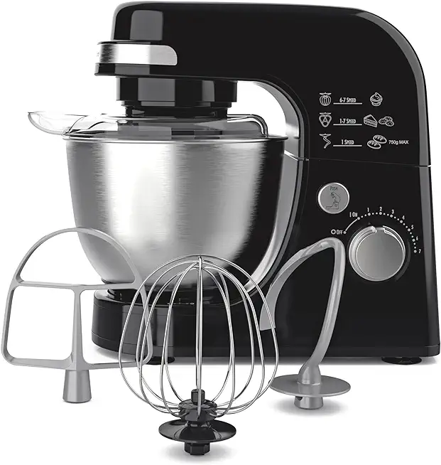 Hamilton Beach Electric Stand Mixer, 4 Quarts, Dough Hook, Flat Beater Attachments, Splash Guard 7 Speeds with Whisk, Black