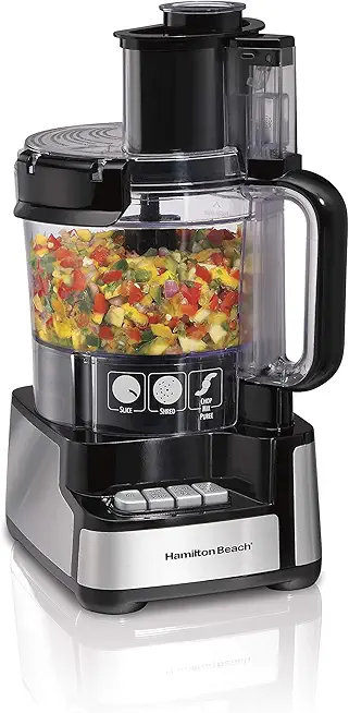 Hamilton Beach Stack &amp; Snap Food Processor and Vegetable Chopper, BPA Free, Stainless Steel Blades, 12 Cup Bowl, 2-Speed 450 Watt Motor, Black (70725A)