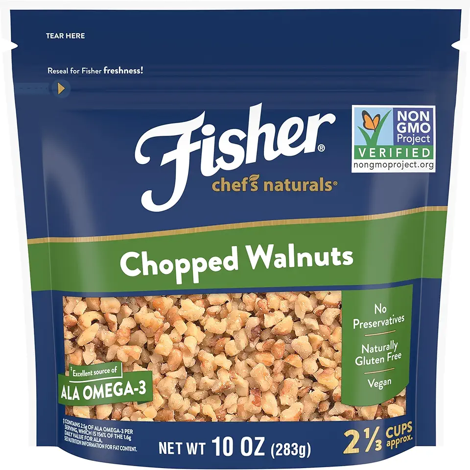 Fisher Chef&#x27;s Naturals Chopped Walnuts 10 oz, 100% California Unsalted Walnuts for Baking &amp; Cooking, Snack Topping, Resealable Bag, Great with Yogurt &amp; Cereal, Vegan Protein, Keto Snack