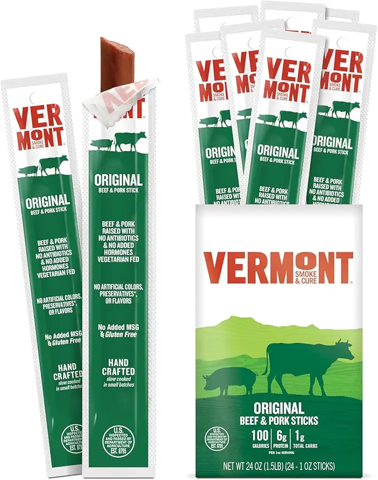 Snack Sticks by Vermont Smoke &amp; Cure – Original Flavor – Beef &amp; Pork – Healthy Meat Protein – 1oz Jerky Stick – 24 count carton