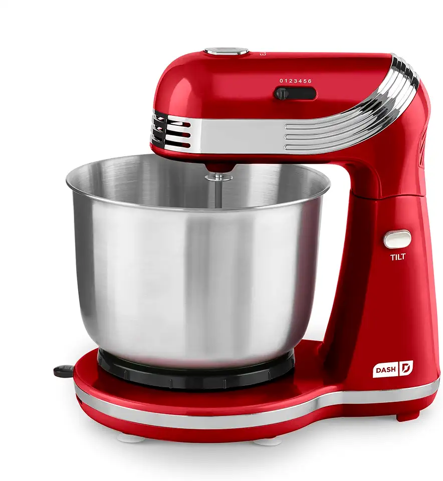 DASH Stand Mixer (Electric Mixer for Everyday Use): 6 Speed Stand Mixer with 3 qt Stainless Steel Mixing Bowl, Dough Hooks &amp; Mixer Beaters for Dressings, Frosting, Meringues &amp; More - Red, DCSM250RD