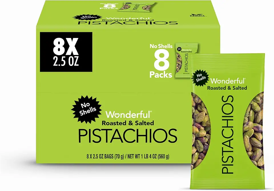 Wonderful Pistachios No Shells, Roasted and salted Nuts, 2.5 Ounce Bag (Pack of 8), Protein Snack, On-the-Go, Individually Wrapped Healthy Snack