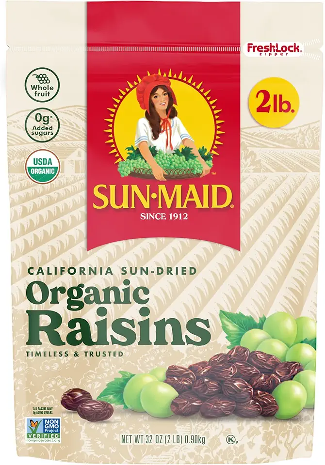 Sun-Maid Organic California Sun-Dried Raisins - 32 oz Resealable Bag - Organic Dried Fruit Snack for Lunches, Snacks, and Natural Sweeteners