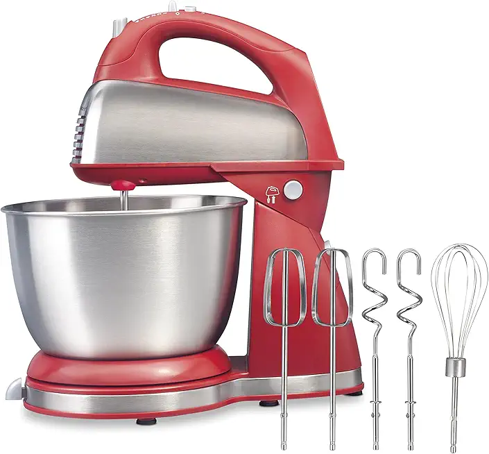 Hamilton Beach Classic Stand and Hand Mixer, 4 Quarts, 6 Speeds with QuickBurst, Bowl Rest, 290 Watts Peak Power, Red (64654)