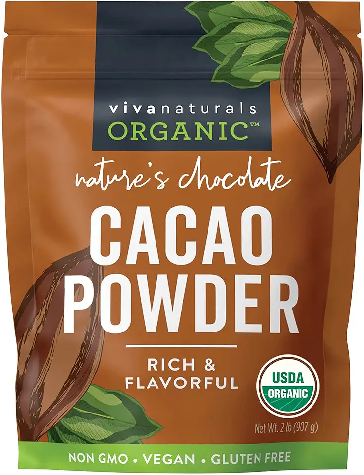 Viva Naturals Organic Cacao Powder, 2lb - Unsweetened Cocoa Powder With Rich Dark Chocolate Flavor, Perfect for Baking &amp; Smoothies - Certified Vegan, Keto &amp; Paleo, Non-GMO &amp; Gluten-Free, 907 g