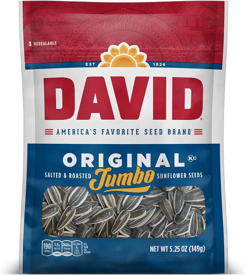 DAVID Seeds Original Salted and Roasted Jumbo Sunflower Seeds, Keto Friendly Snack, 5.25 OZ Bags, 12 Pack