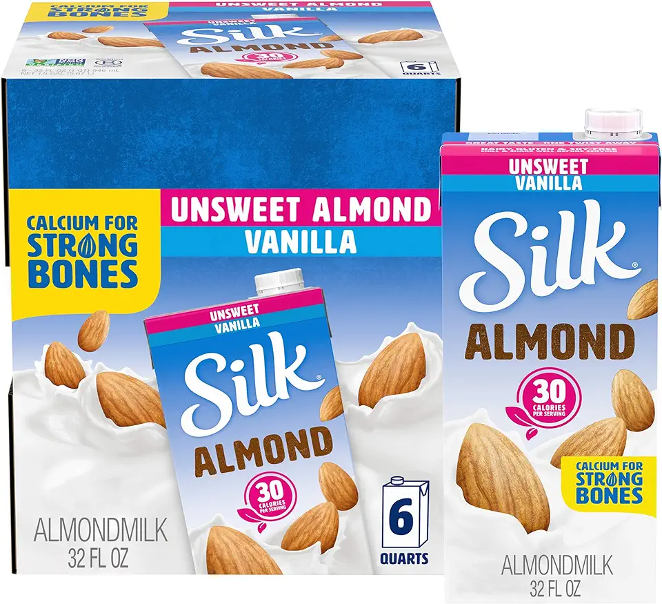 Silk Shelf-Stable Almond Milk, Unsweetened Vanilla, Dairy-Free, Vegan, Non-GMO Project Verified, 1 Quart (Pack of 6)