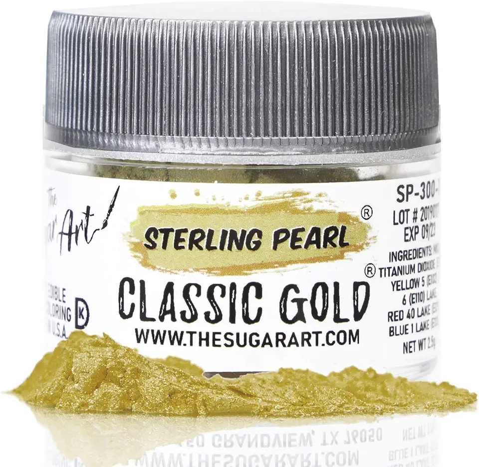 The Sugar Art - Sterling Pearl - Edible Shimmer Powder For Decorating Cakes, Cupcakes, Cake Pops, &amp; More - Dust on Shine &amp; Luster to Sweets - Kosher, Food-Grade Coloring - Classic Gold - 2.5 grams