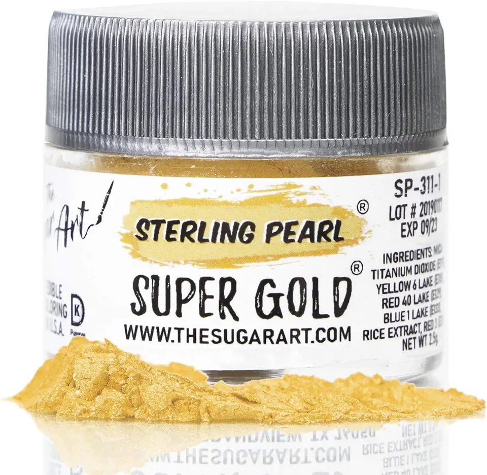 The Sugar Art - Sterling Pearl - Edible Shimmer Powder For Decorating Cakes, Cupcakes, Cake Pops, &amp; More - Dust on Shine &amp; Luster to Sweets - Kosher, Food-Grade Coloring - Super Gold - 2.5 grams