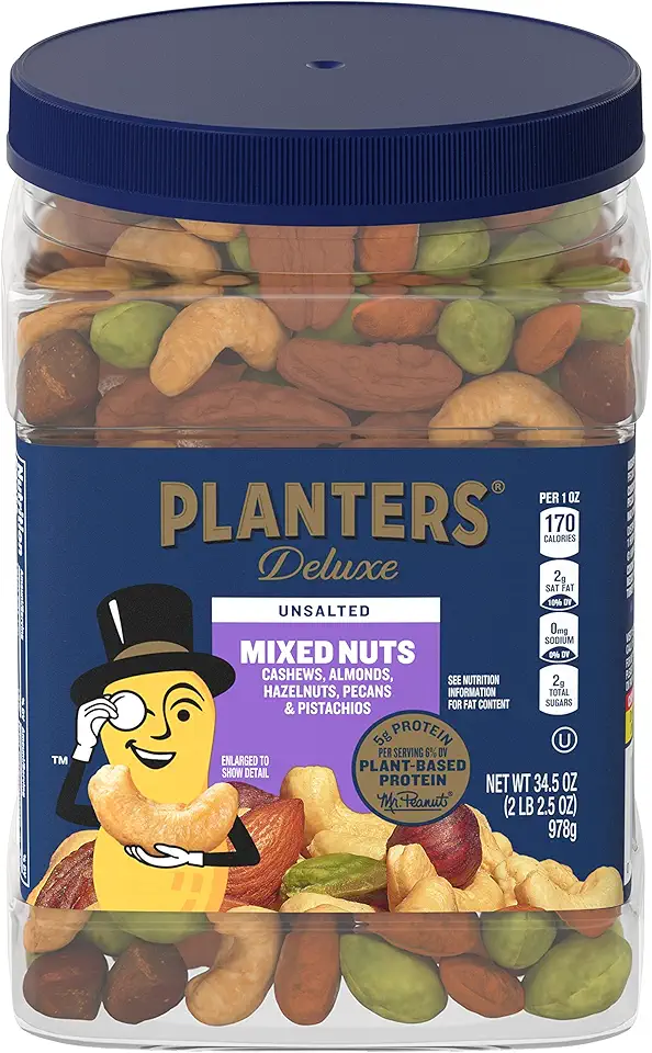 PLANTERS Unsalted Mixed Nuts, Cashews, Almonds, Hazelnuts, Pecans, Pistachios no Shell, Party Snacks, Plant-Based Protein, Quick Snack for Adults, After School Snack, Kosher, 34.5 Oz Container