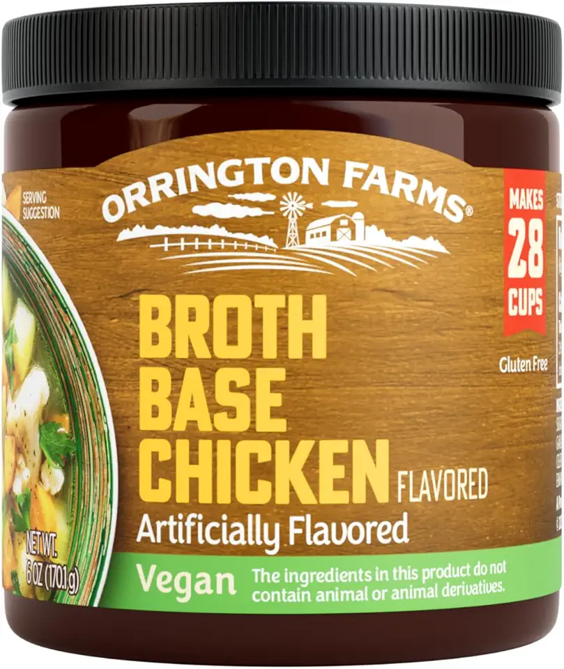 Orrington Farms Vegan Chicken Flavored Broth Base, Bring Flavor to Your Favorite Soups &amp; Stews, Gluten Free, Vegetarian Friendly, Easy-to-Use, 6oz Jar