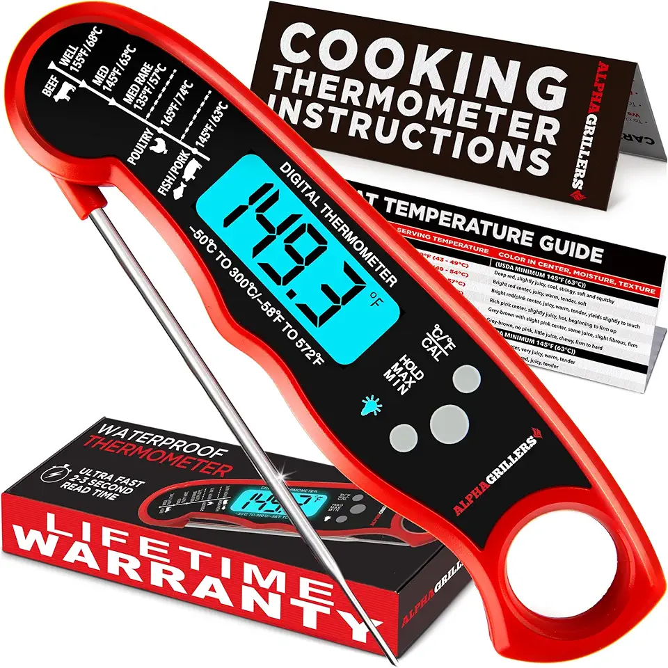 Alpha Grillers Instant Read Meat Thermometer for Cooking Grill and BBQ Griddle - Waterproof w/Backlight &amp; Calibration for Food, Oven, Air Fryer Accessories, Kitchen Essentials, Stocking Stuffer Gifts