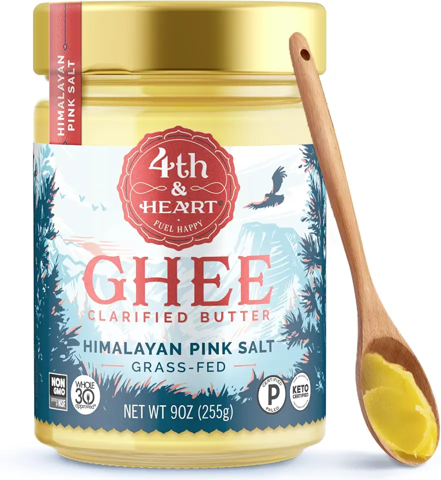 4th &amp; Heart Himalayan Pink Salt Grass-Fed Ghee, Clarified Butter, Keto Pasture Raised, Non-GMO, Lactose and Casein Free, Certified Paleo (9 Ounces)