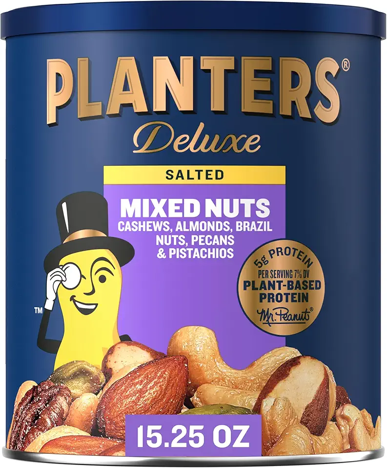 PLANTERS Deluxe Salted Mixed Nuts, Roasted Cashews, Almonds, Brazil Nuts, Pistachios, and Pecans, Party Snacks, Plant-Based Protein, Quick Snack for Adults, After School Snack, 15.25oz Canister