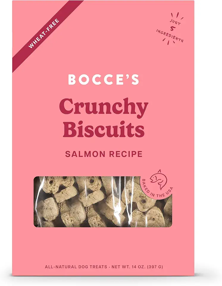 Bocce&#x27;s Bakery Oven Baked Salmon Recipe Treats for Dogs, Wheat-Free Dog Treats, Made with Real Ingredients, Baked in The USA, All-Natural Salmon, Sweet Potato &amp; Parsley Biscuits, 14 oz