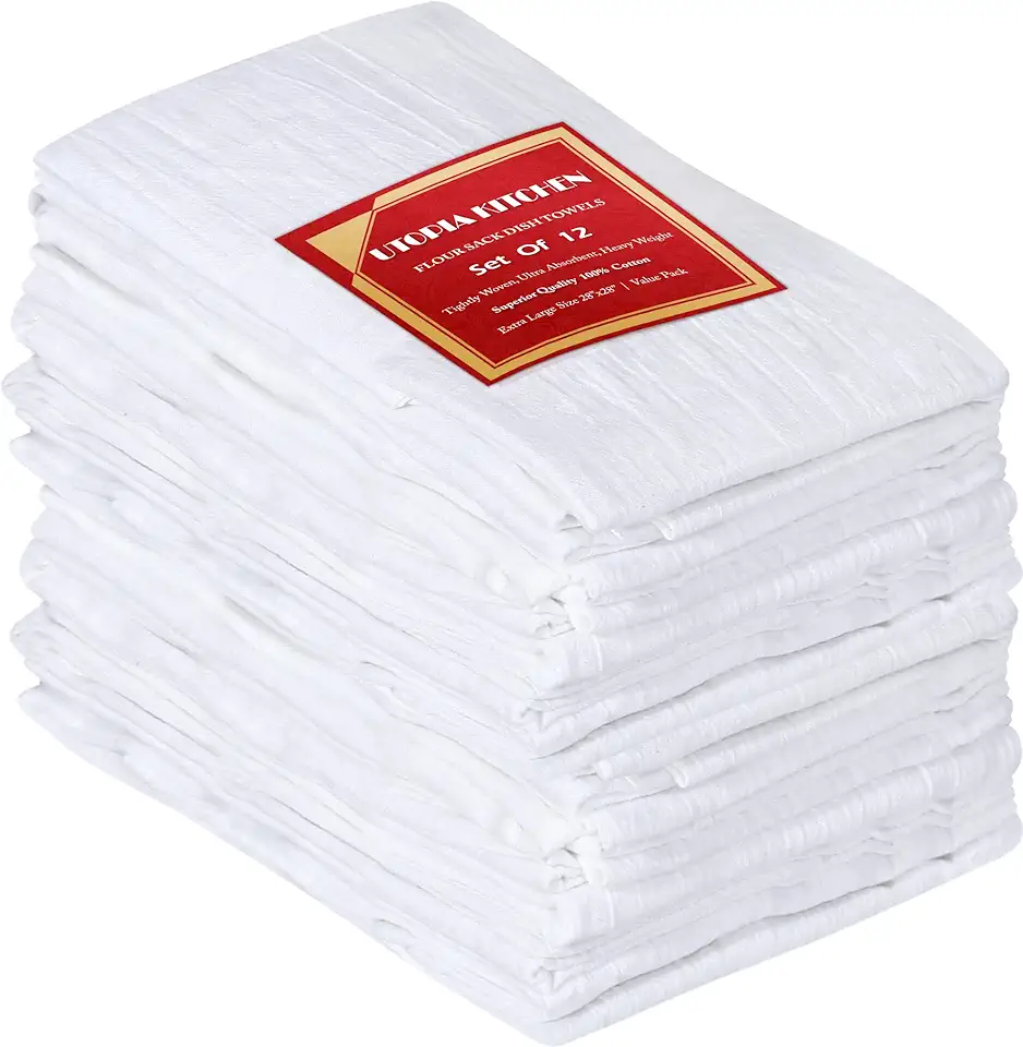 Utopia Kitchen [12 Pack - 28 x 28 Inches White Flour Sack Towels 100% Cotton Tea Towels for Cleaning &amp; Drying - Highly Absorbent Kitchen Dish Towels