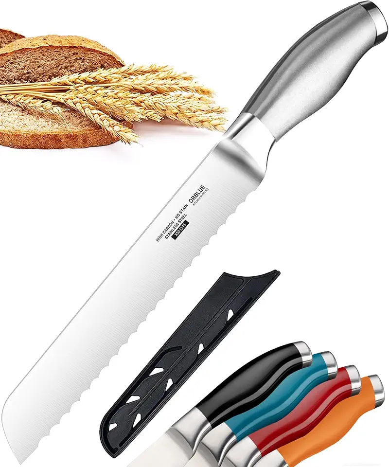 Orblue Serrated Bread Knife with Upgraded Stainless Steel Razor Sharp Wavy Edge Width - Bread Cutter Ideal for Slicing Homemade Bagels, Cake (8-Inch Blade with 5-Inch Handle)