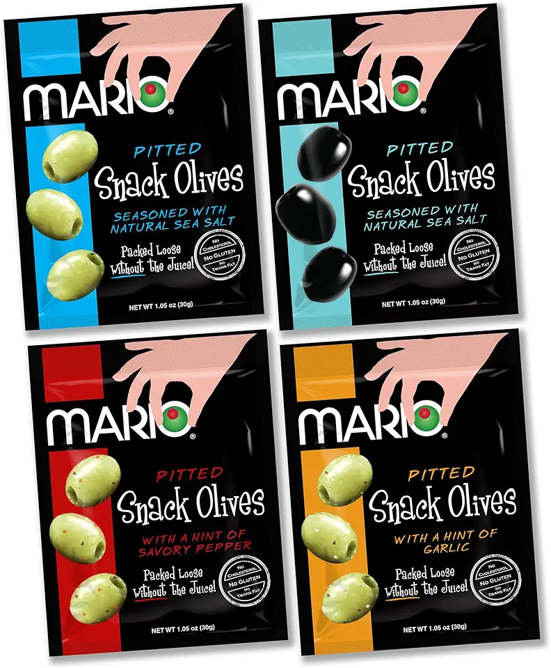 Mario Camacho Foods Pitted Snack Olives, Variety Pack, 1.05 oz Pouches (Pack of 12)