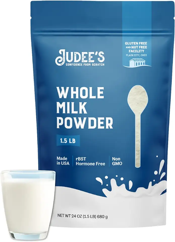 Judee&#x27;s Pure Whole Milk Powder - 100% Non-GMO, rBST Hormone-Free, Gluten-Free and Nut-Free - Pantry Staple, Baking Ready, Great for Travel, Easy to Store and Shelf Stable - Made in USA - 1.5 lb (24oz)