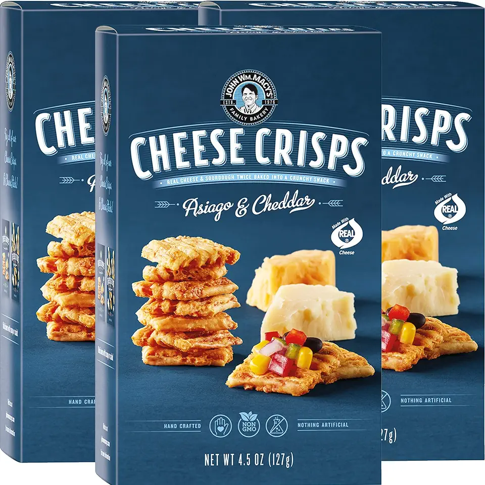 John Wm. Macy&#x27;s CheeseCrisps | Asiago &amp; Cheddar | Twice Baked Sourdough Crackers Made with 100% Real Aged Cheese, Non GMO, Nothing Artificial | 4.5 OZ. (3 Pack)