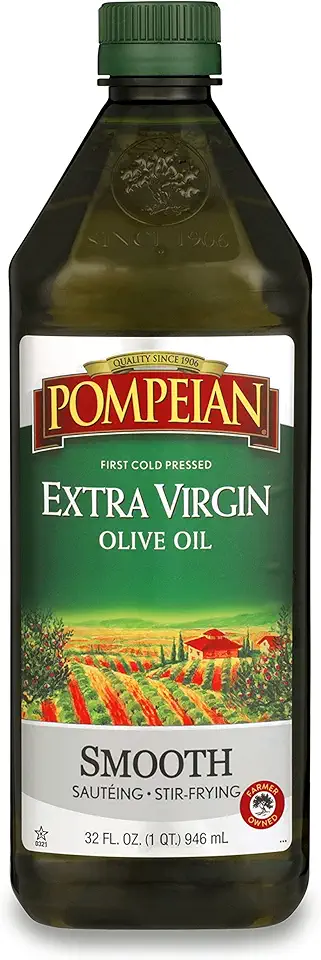 Pompeian Smooth Extra Virgin Olive Oil, First Cold Pressed, Mild and Delicate Flavor, Perfect for Sauteing &amp; Stir-Frying, Naturally Gluten Free, Non-Allergenic, Non-GMO, 32 Fl Oz