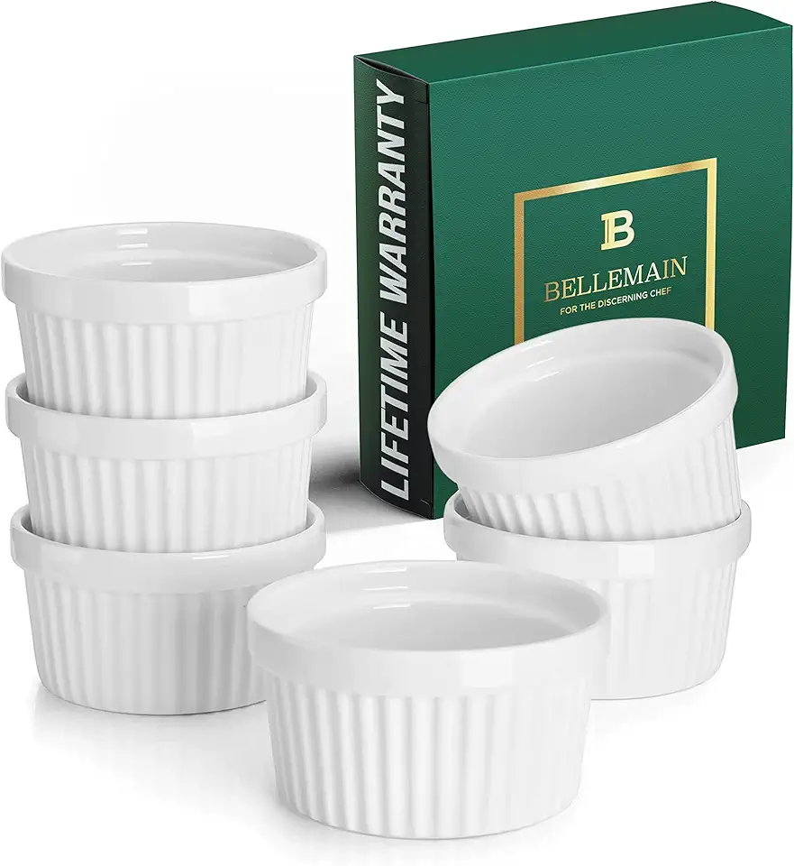 Bellemain Creme Brulee 4 oz Ramekins | Mini Casserole Dish Set, Charcuterie Bowls, Pot Pie Baking Dishes, Souffle Cups, Soy Sauce Bowls | Fluted Porcelain Bowls, Oven Safe to 500F, Set of 6 (White)