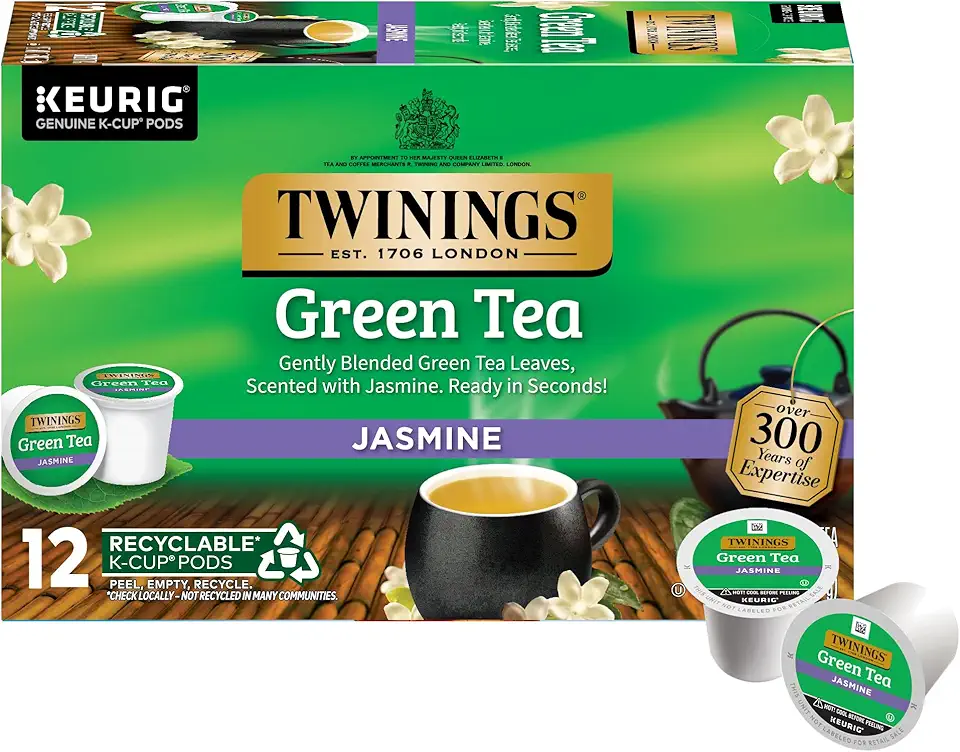 Twinings Green Tea with Jasmine K-Cup Pods for Keurig, 12 Count (Pack of 6), Infused with Fragrant Jasmine, Naturally Caffeine-Free, Enjoy Hot or Iced