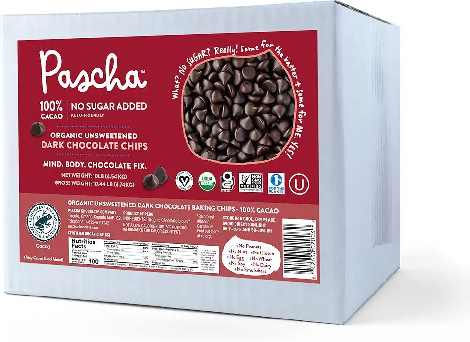 Pascha Bulk Organic Unsweetened 100% Dark Chocolate Baking Chips, 10 Pound