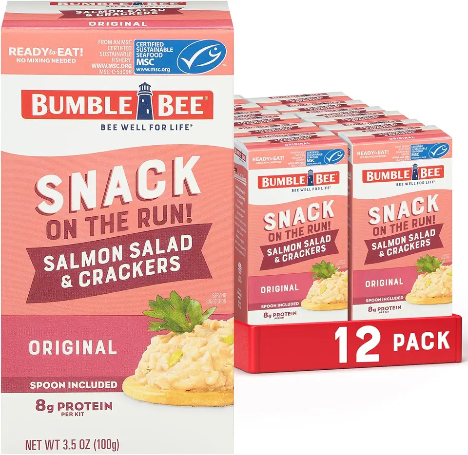 Bumble Bee Snack On The Run Salmon Salad with Crackers Kit, 3.5 oz (Case of 12) - Ready to Eat, Spoon Included - Wild Caught Salmon - Shelf Stable &amp; Convenient Protein Snack