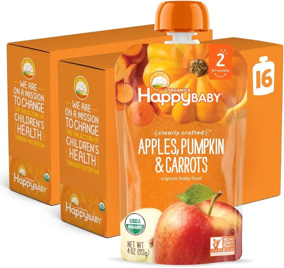 Happy Baby Organic Apple, Pumpkin &amp; Carrots Baby Food, Non GMO, 4 Ounces (Pack Of 16)