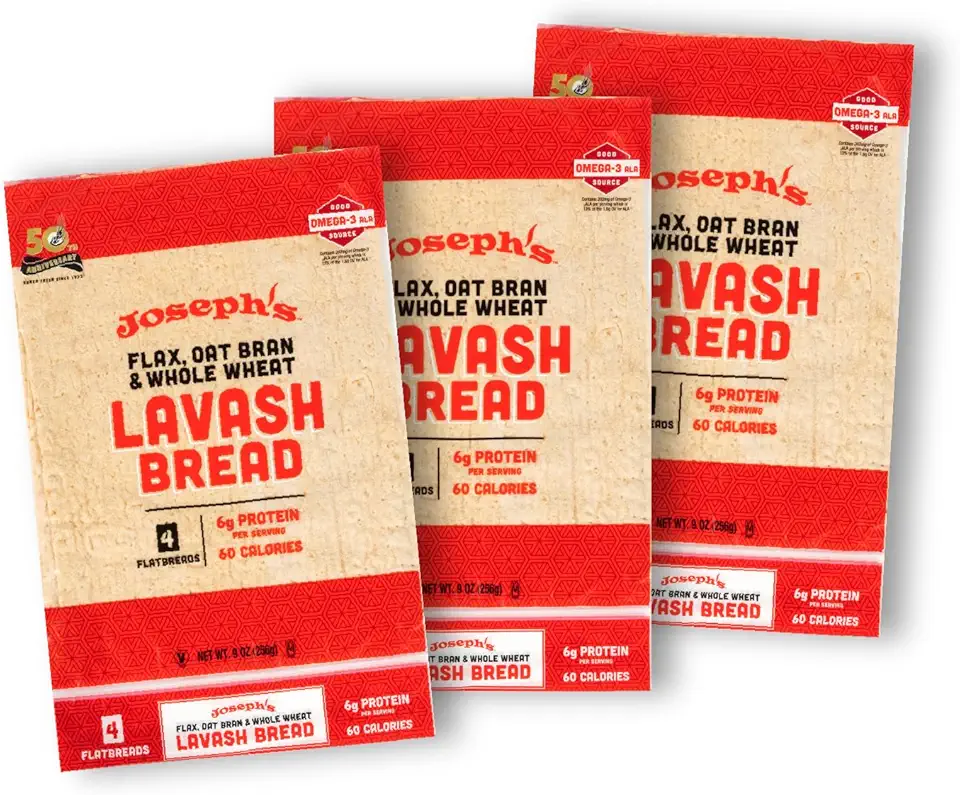 Flax Lavash 3 Pack - Joseph&#x27;s Lavash Bread Value 3-Pack, Flax Oat Bran &amp; Whole Wheat, Reduced Carb (4 Flatbreads per Pack, 12 Total)