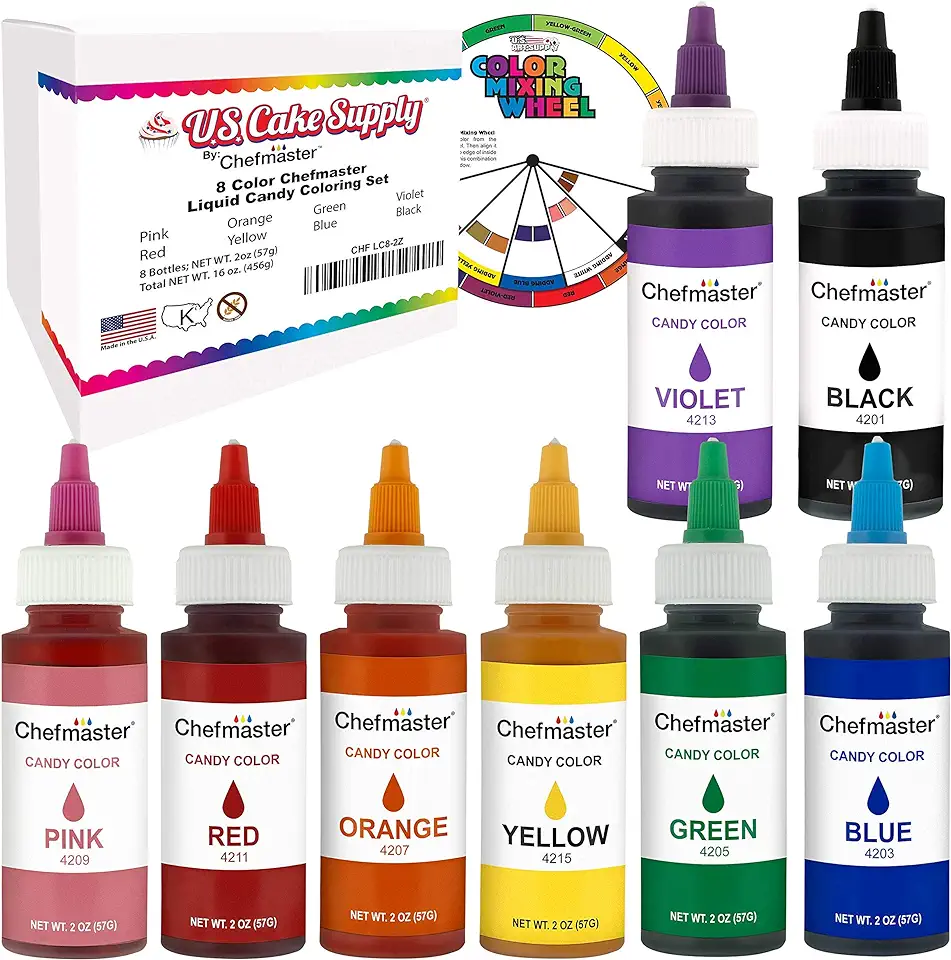 U.S. Cake Supply Large 2-ounce Bottles of each Liquid Candy Food Color 8 Bottle Kit with Mixing Wheel for Chocolate and Candy Coloring