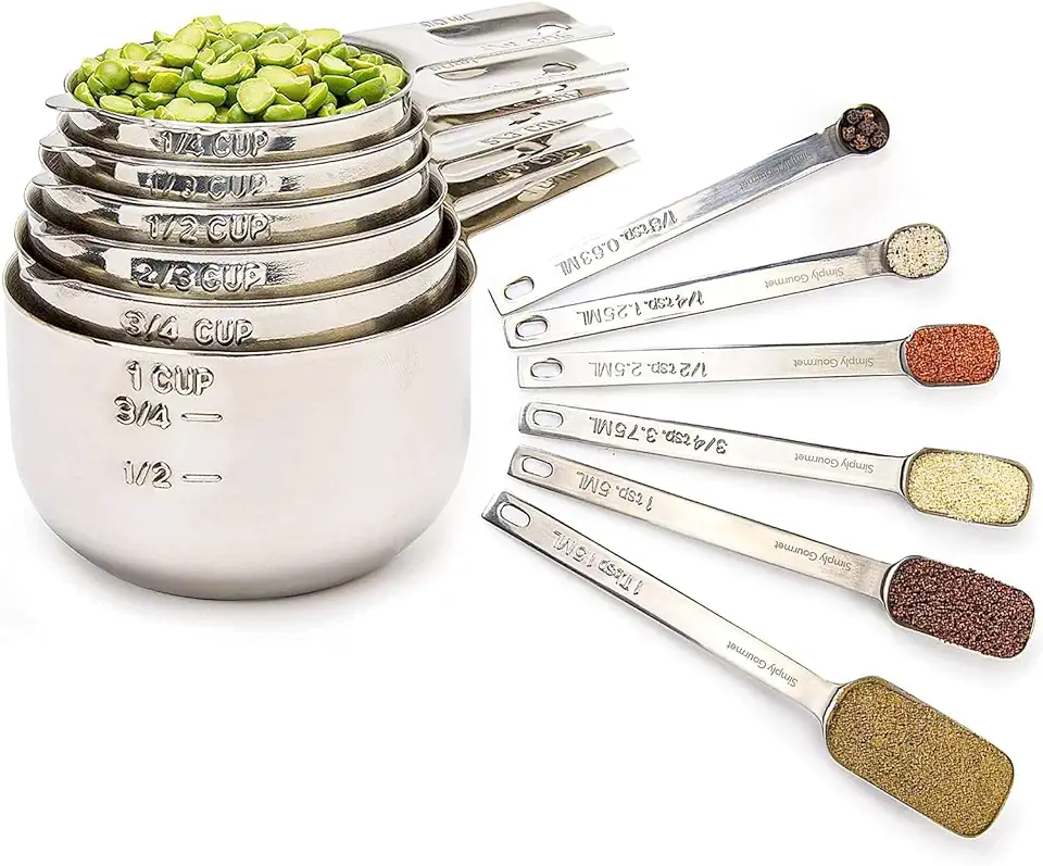 Simply Gourmet Measuring Cups and Spoons Set of 12, 304 Premium Stainless Steel, Stackable Cups Long Handle Spoons Fits Narrow Jars, Kitchen Gadgets for Liquid &amp; Dry Ingredients Cooking Baking