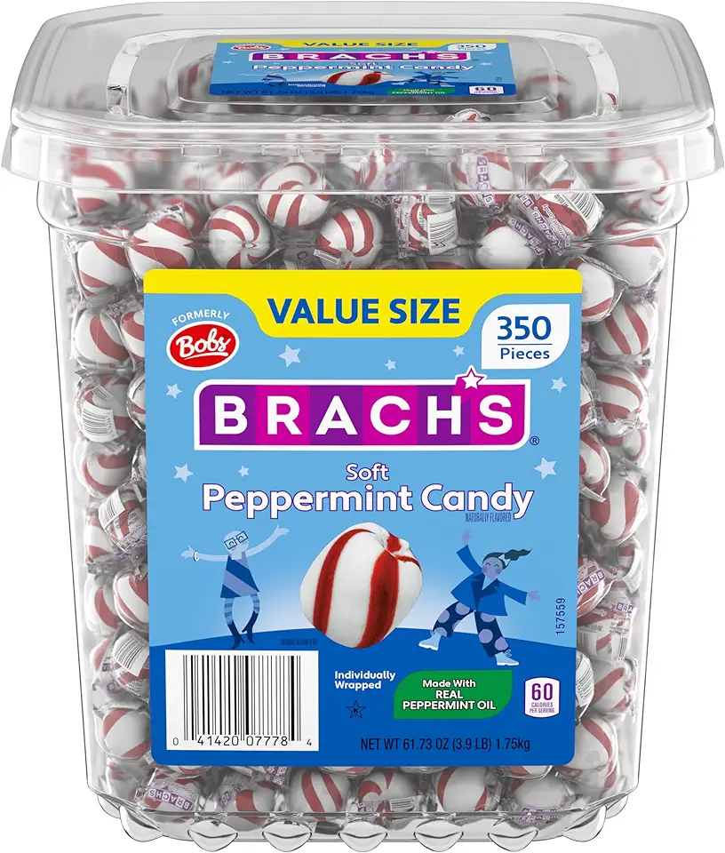 Brach&#x27;s Bobs Sweet Stripes Soft Peppermint Candy, Individually Wrapped Pieces, 3.9 lb Tub (350 Count)