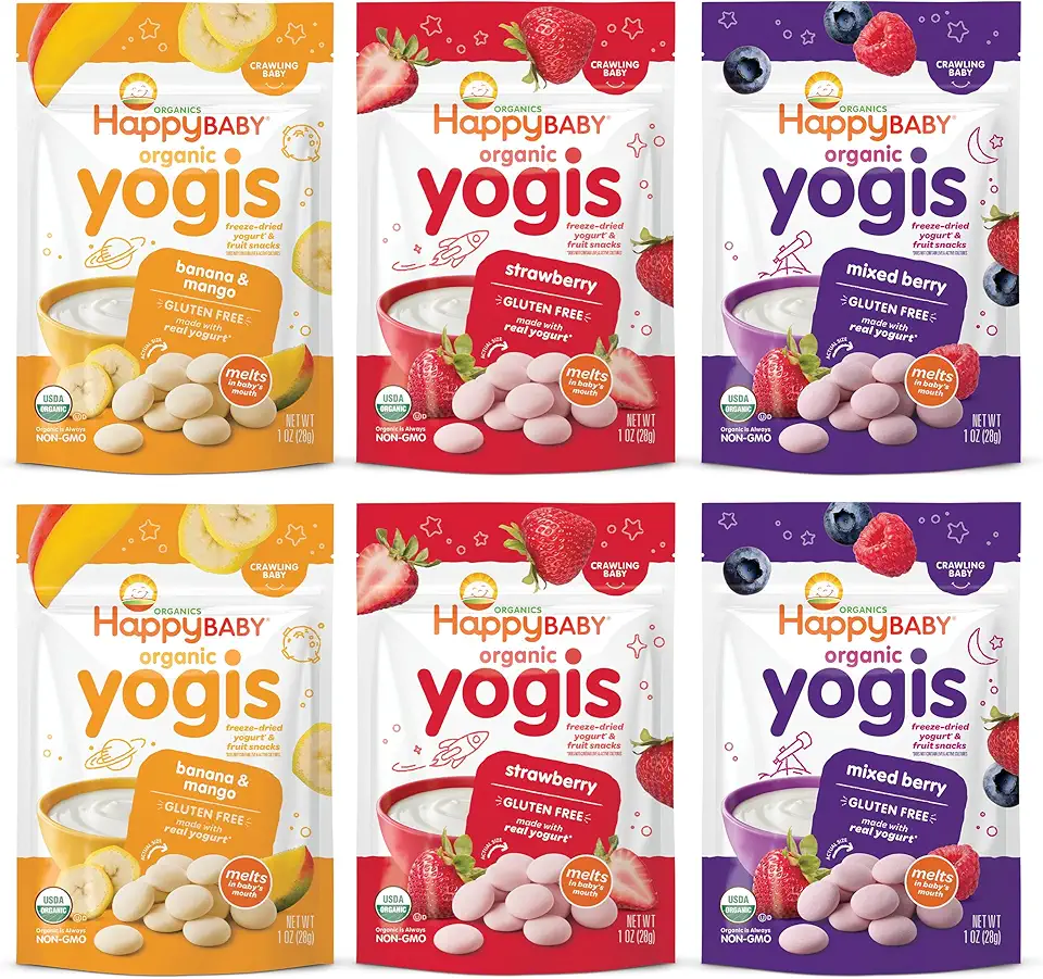 Happy Baby Organics Yogis Freeze-Dried Yogurt &amp; Fruit Snacks, Variety Pack, 1 Ounce (Pack of 6)