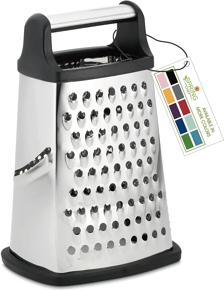 Spring Chef Professional Cheese Grater - Stainless Steel, XL Size, 4 Sides - Perfect Box Grater for Parmesan Cheese, Vegetables, Ginger - Dishwasher Safe - Black