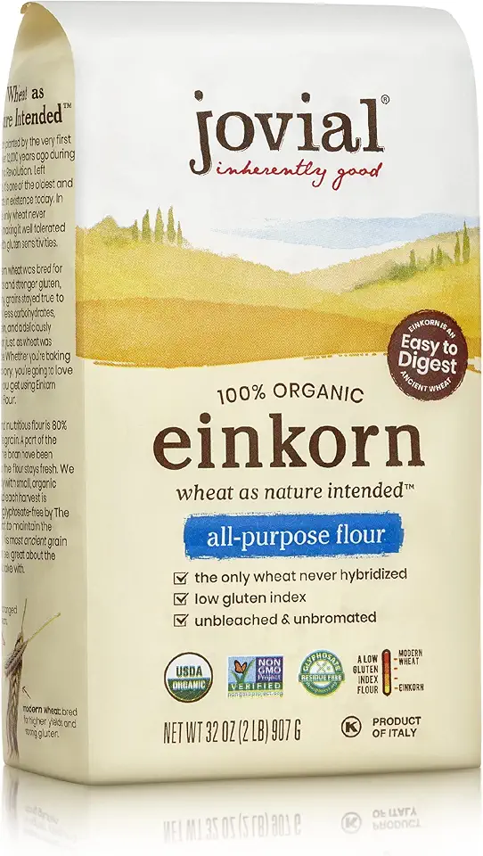 Jovial Einkorn 100% Organic Einkorn All Purpose Flour - Baking Flour, High Protein, Non-GMO, USDA Certified Organic, Unbleached Flour, Product of Italy, Organic All Purpose Flour - 32 Oz