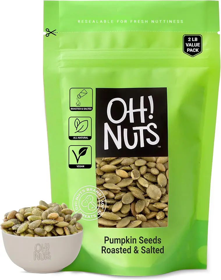 Pumpkin Seeds | Dry Roasted Salted | 2 lb | Shelled and Sprouted Pepitas | Packed in New York Zip-Seal Bag for Exceptional Freshness by Oh Nuts